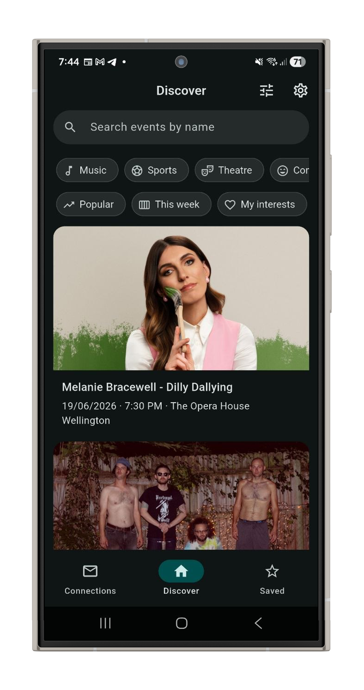 DYVE Discover screen showing music, sports and theatre events near you