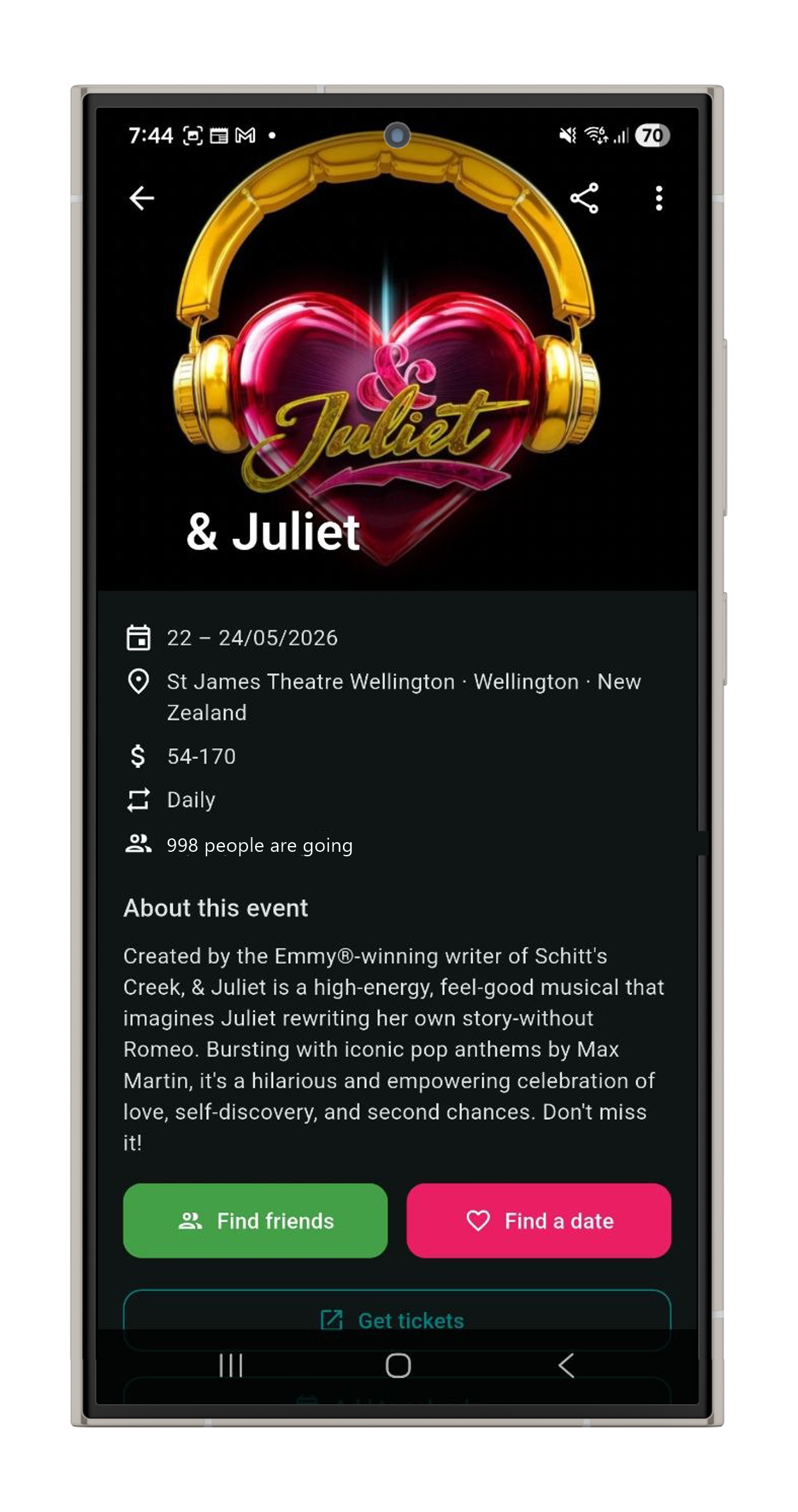 DYVE event detail screen showing the & Juliet show with Find friends and Find a date buttons