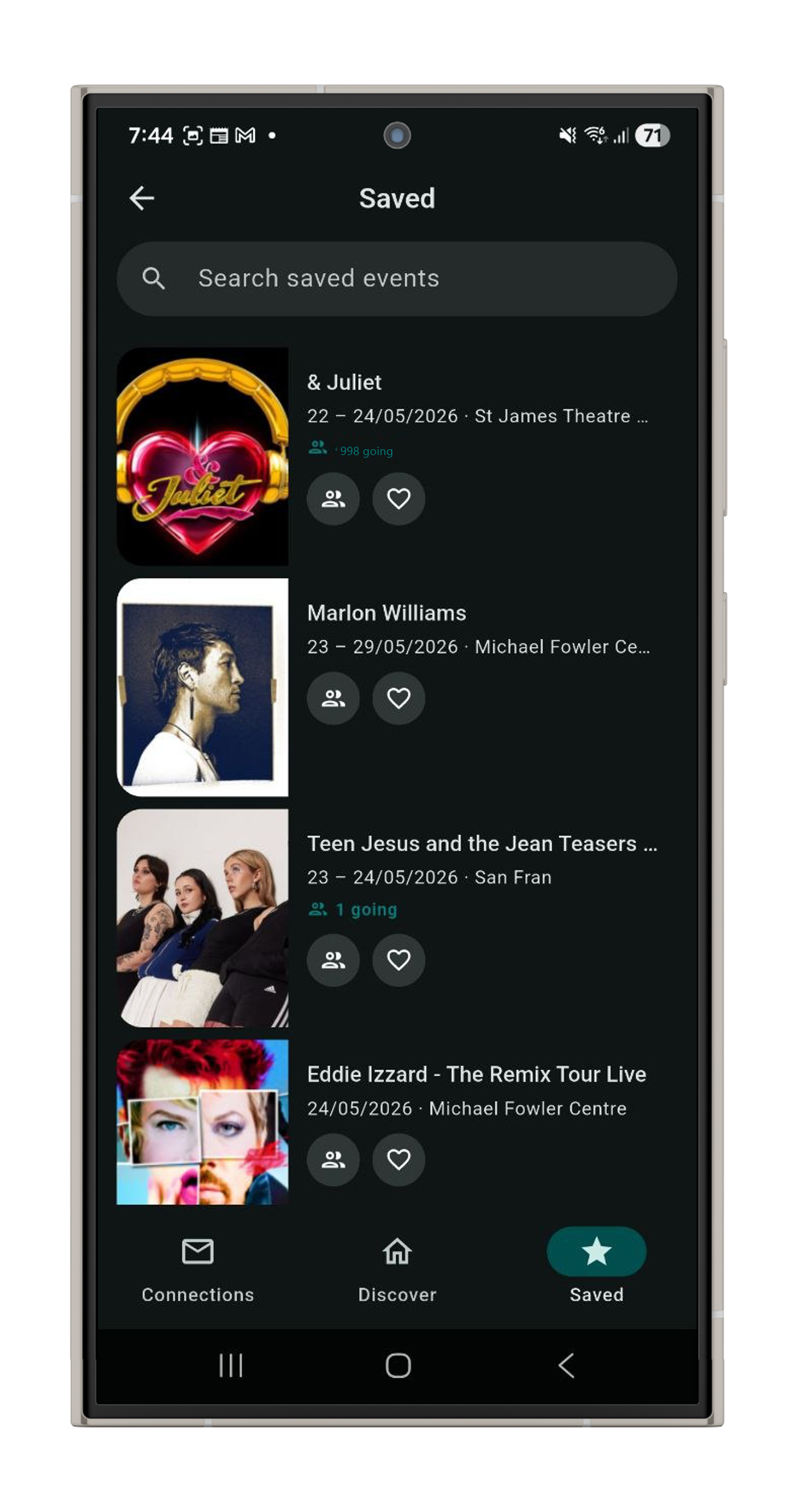 DYVE Saved screen showing a list of saved upcoming events